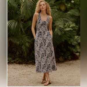 NWOT Pact Organic Cotton Fit & Flare Open Back Maxi Dress Midnight Blue Palms M